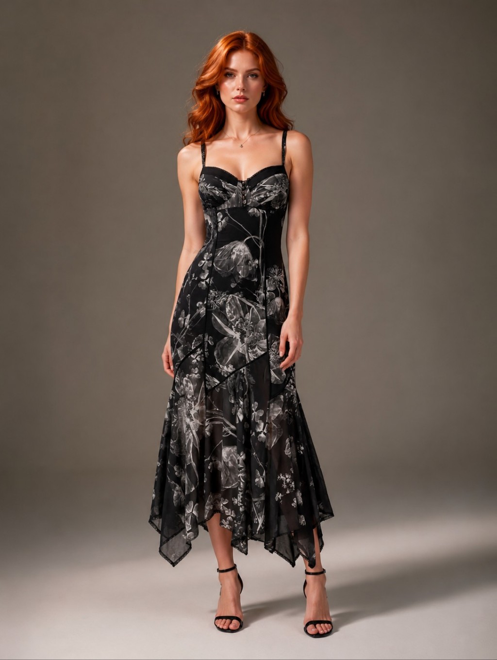 Charo Ruiz Ibiza Leony Floral Print Black Grey Asymmetrical Maxi Dress Sz Medium